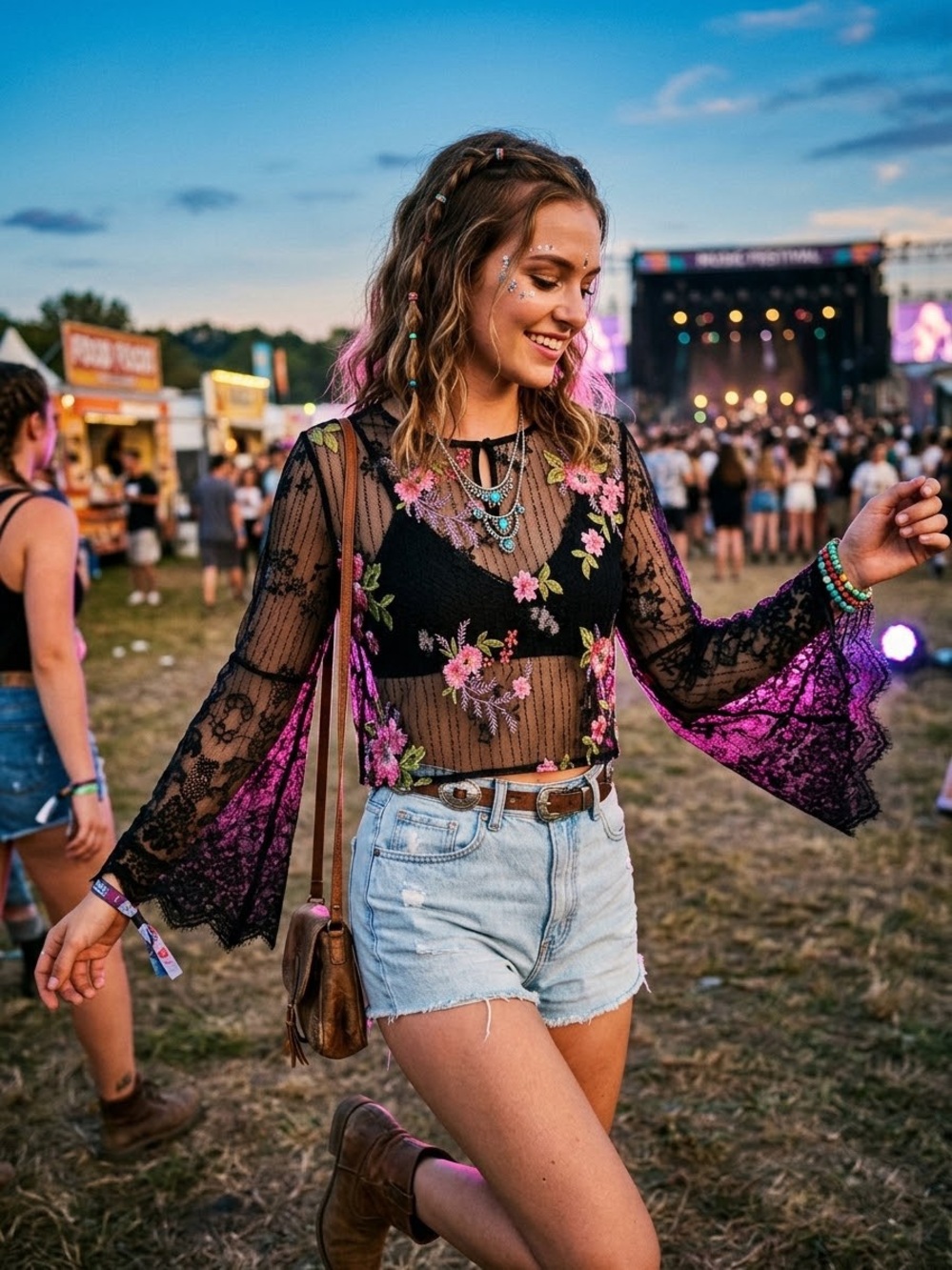 Chic Boho Floral Lace Sheer Top - Black with Pink Embroidery